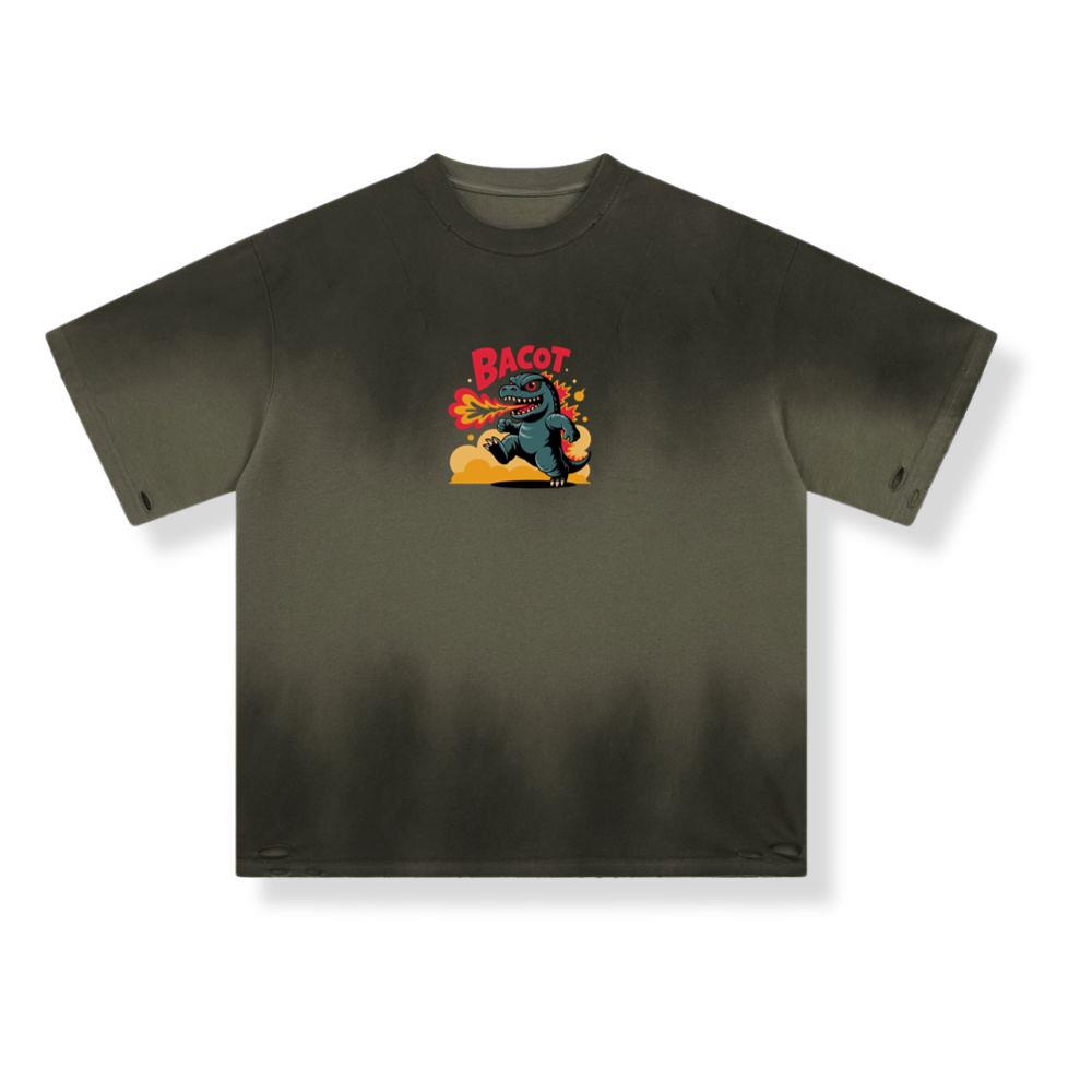 Bacot Fire Dinosaur Cartoon Illustration for Vintage Fun Vibes T-Shirt - Image 2