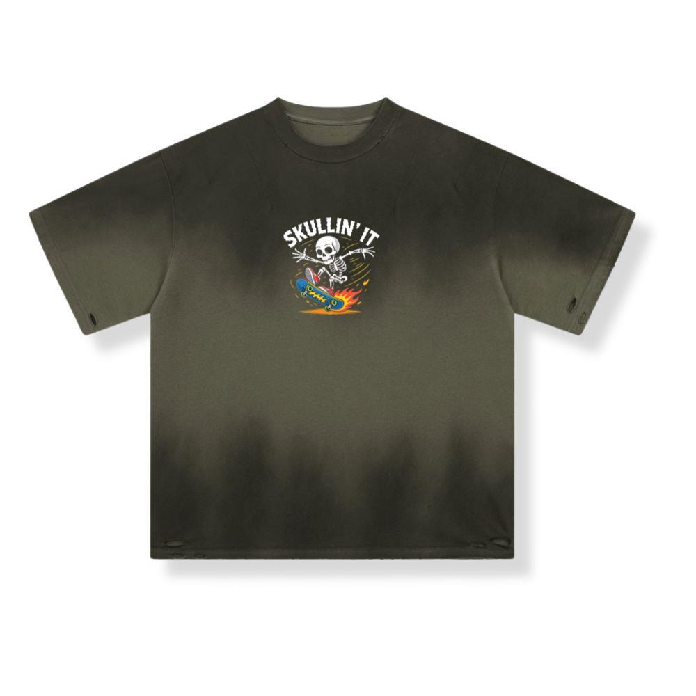 Skullin It Skeleton Skateboard Cartoon Graphic T-Shirt - Image 2