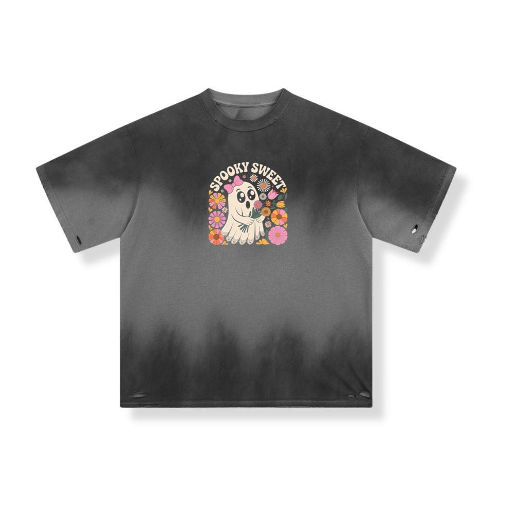 Spooky Sweet Ghost Flower Retro Cartoon Design T-Shirt - Image 3